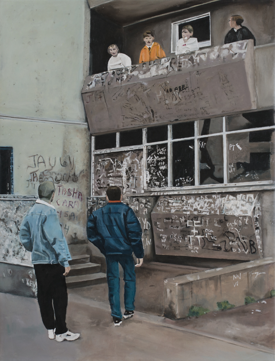 Image of Pat Curran painting Are You Looking? People converse over a balcony in St Michaels Estate.